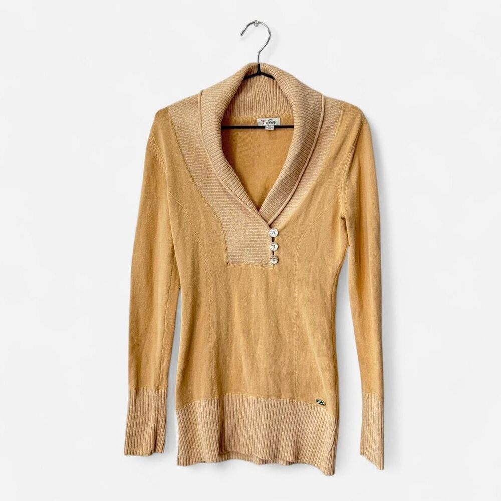 Vintage 00s Guess tan cream knit Henley sweater button detail gold accents Small